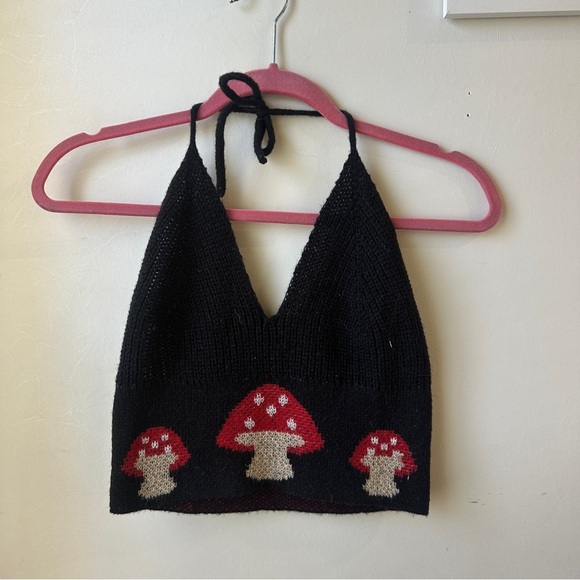 Black Knit Halter Top with Red Mushrooms - Picture 6 of 6